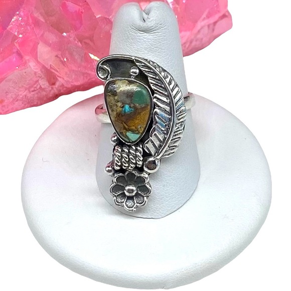 Hand Crafted Jewelry - Royston Turquoise Squash Blossom Ring Size 8 Solid 925 Sterling Silver Western